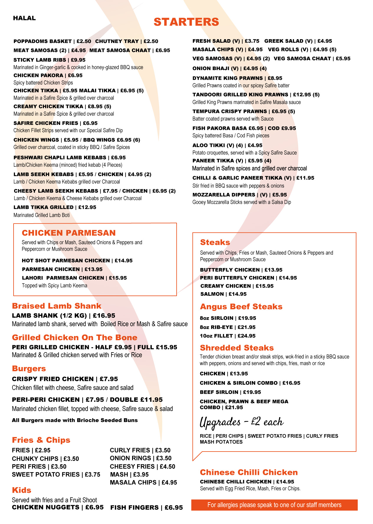 Safire Restaurant halal restaurant menu Manchester featuring curries, grills and signature dishes